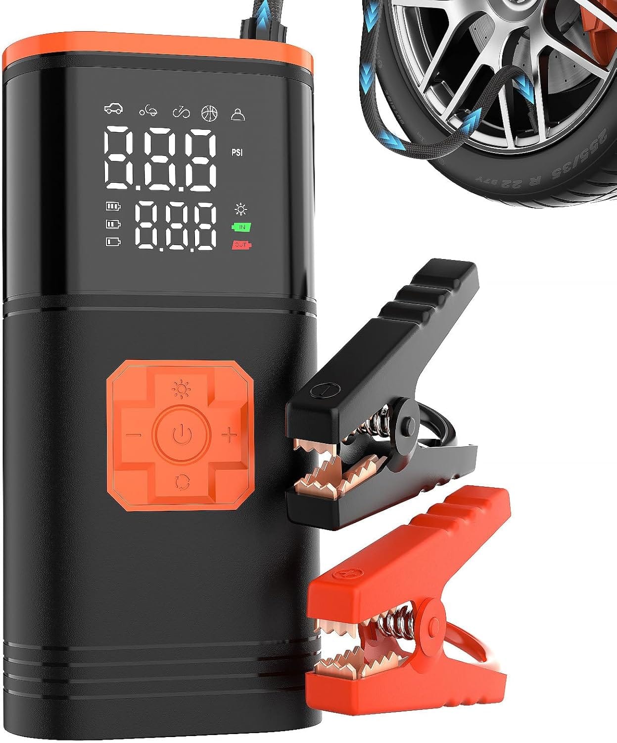 Tire Inflator Portable Air Compressor Car Battery Jump Starter Combo 150 PSI 3000 Amp Jumper Box Cordless Mini Bike Tire Pump, 12V Air Pump for Car, Motorcycle, Bicycle, Balls with LED Light