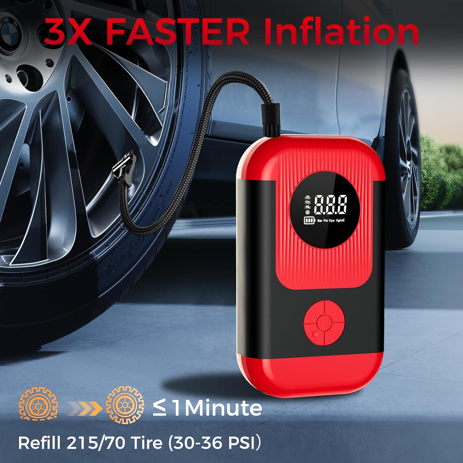 Tire Inflator Portable Air Compressor  Car Jump Starter, Cordless Air Pump with LED Light  Pressure Gauge for Auto,Motorcycles,Bikes,Balls, Emergency Battery Booster  Phone Charger,150PSI