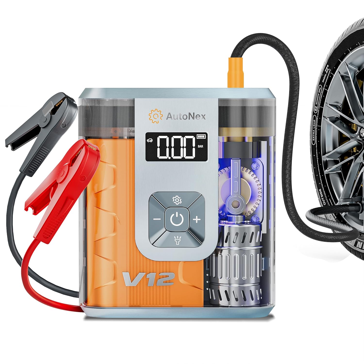 Tire Inflator Portable Air Compressor, Tire Air Pump with Jump Starter, 150 PSI Cordless Tire Inflator and Car Battery Jump Starter for Car, Bike, Motorcycle, Ball, with Pressure Gauge and Storage Bag