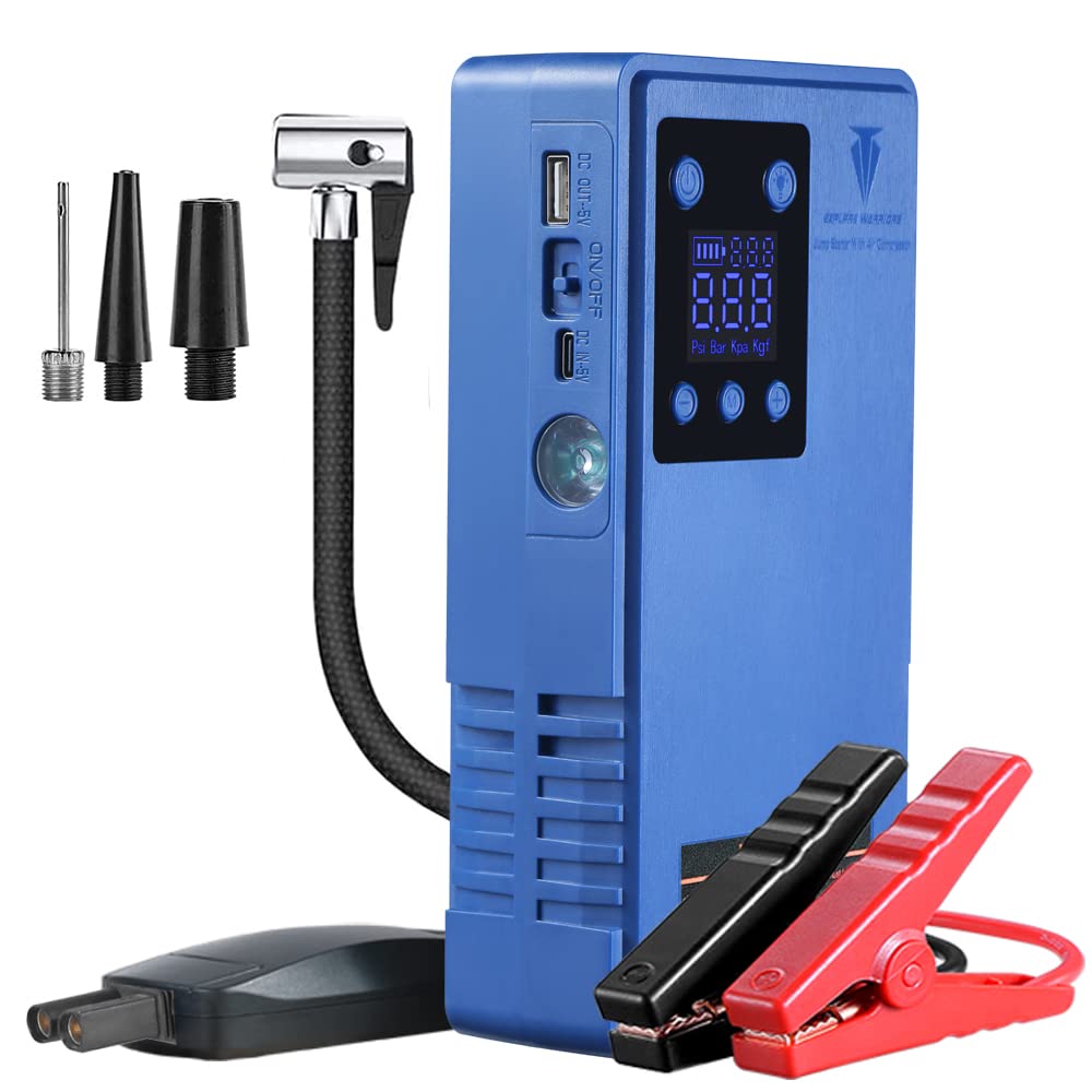 Tire Inflator Portable Air Compressor with Jump Starter 12V Battery Booster Air Pump Car Tires Accessories Tire Pump with Digital Pressure Gauge with Power Bank Multifunctional Integrated Machine