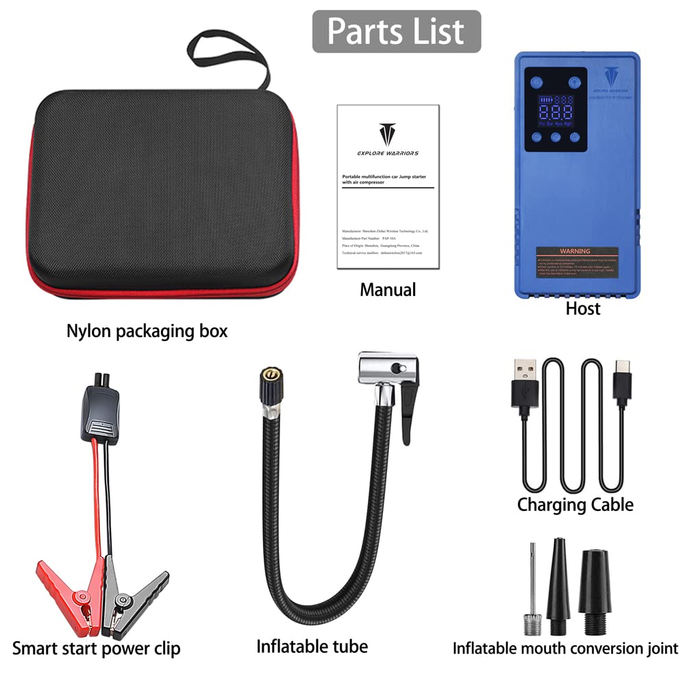 Tire Inflator Portable Air Compressor with Jump Starter 12V Battery Booster Air Pump Car Tires Accessories Tire Pump with Digital Pressure Gauge with Power Bank Multifunctional Integrated Machine