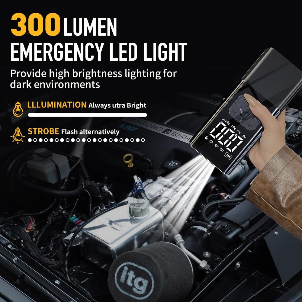 Tire Inflator Portable Air Compressor with Jump Starter - 150PSI  8000mAh Car Battery Jump Starter with Tire Pressure Gauge,Electric Air Pump for Car Tires,Motorcycle,Bike, Balls