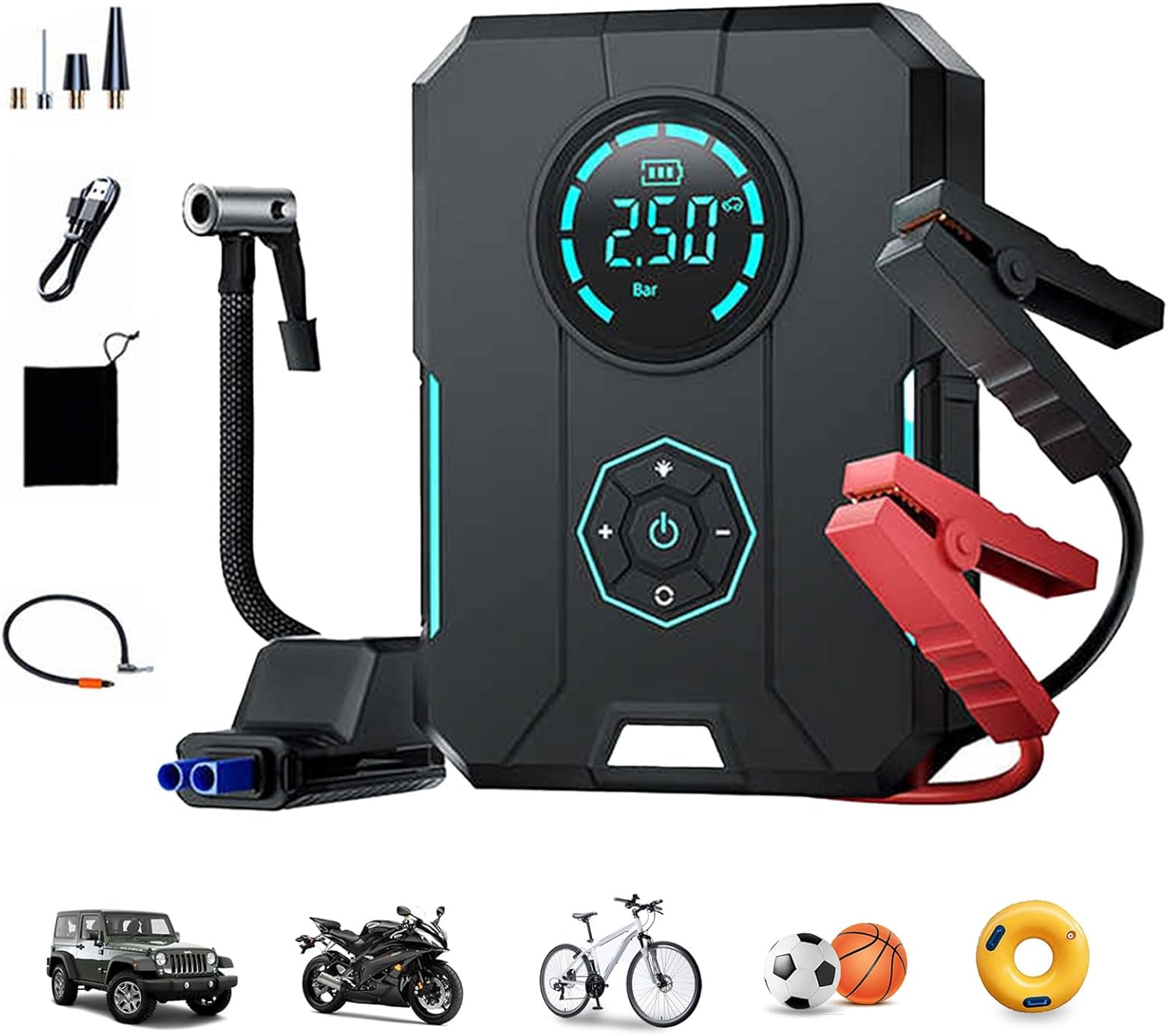 Tire Inflator Portable Air Compressor with Jump Starter,14.8 V Portable Car Battery Charger Jump Starter Box with Digitally Display and Led Light,150PSI Air Pump for Car Tires Motorcycle,Bike,Balls