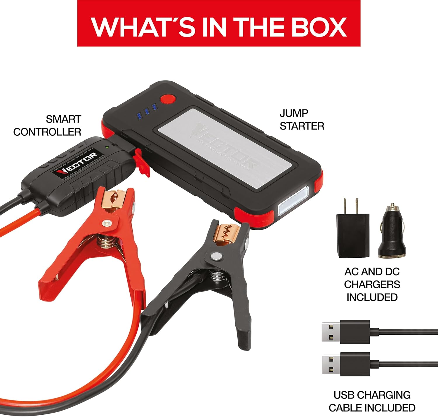 VECTOR SS16LV 1600 Peak Amp Lithium Jump Starter Battery Booster, USB-A and USB-C (3.1 Amps), Power in  Out, LED Work Light,  Heavy Duty Powder Coated Clamps