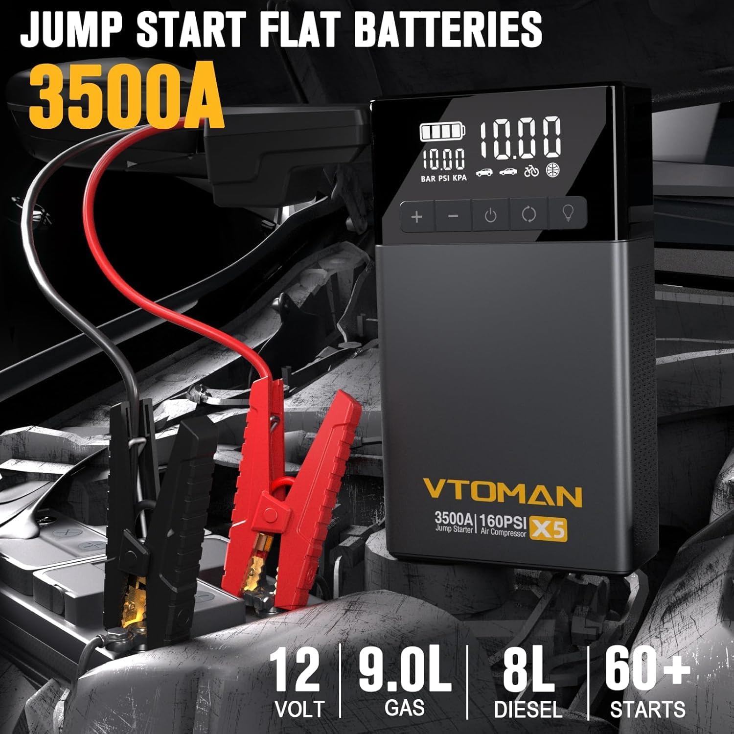 VTOMAN X5 Jump Starter with Air Compressor, 3500A Portable Car Battery Booster (Up to 9L Gas/8L Diesel Engines) with 160PSI Digital Tire Inflator + V3 Pro 2000A Jump Starter