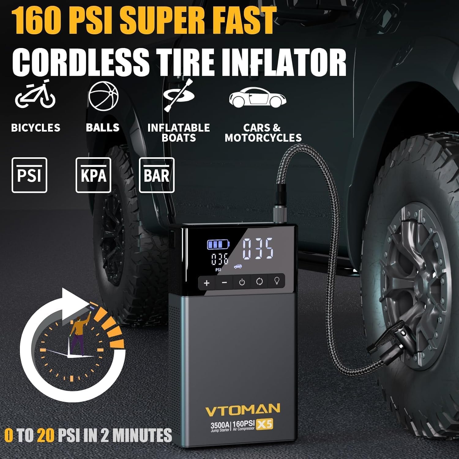 VTOMAN X5 Jump Starter with Air Compressor, 3500A Portable Car Battery Booster (Up to 9L Gas/8L Diesel Engines) with 160PSI Digital Tire Inflator + V3 Pro 2000A Jump Starter