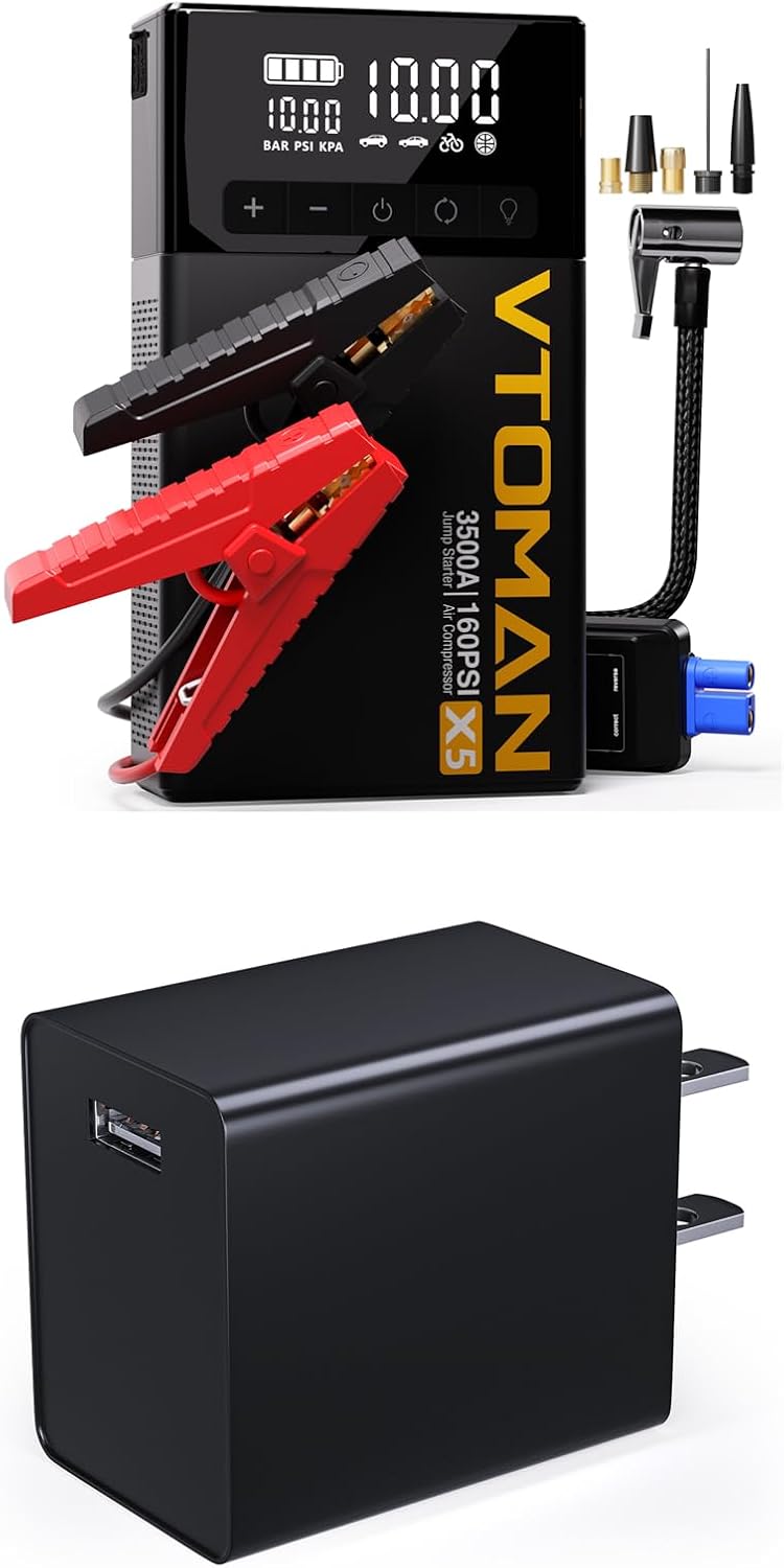 VTOMAN X5 Jump Starter with Air Compressor, 3500A Portable Car Battery Booster (Up to 9L Gas/8L Diesel Engines) with 160PSI Digital Tire Inflator + 15W USB-A Wall Charger
