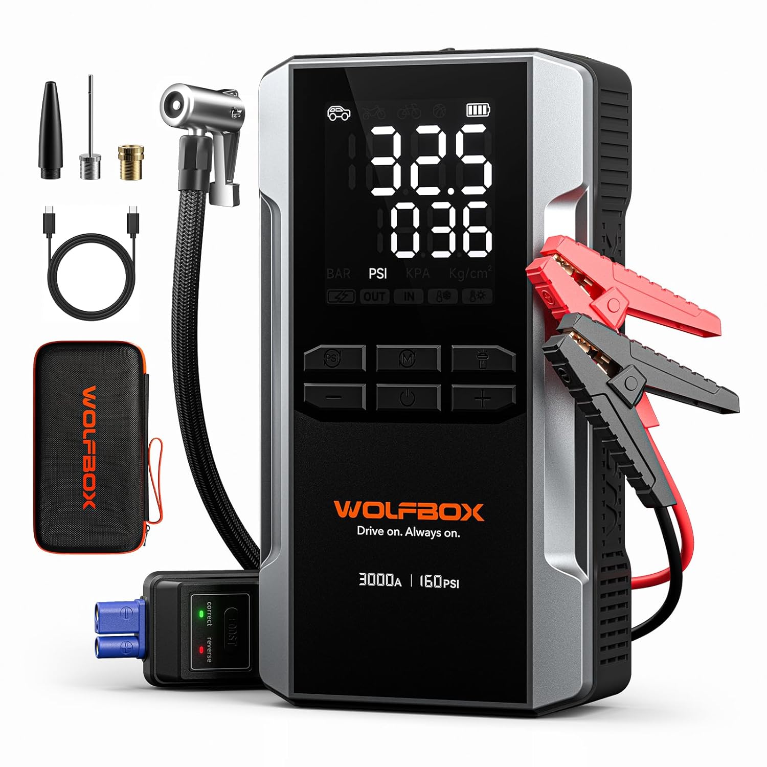 WOLFBOX 3000A Jump Starter with Air Compressor, 16000mAh160PSI Portable Car Battery Jump Starter with 65W Fast Charge, 12V Battery Pack (8L Gas 6L Diesel Engine) with Boost, Light and Jumper Cables