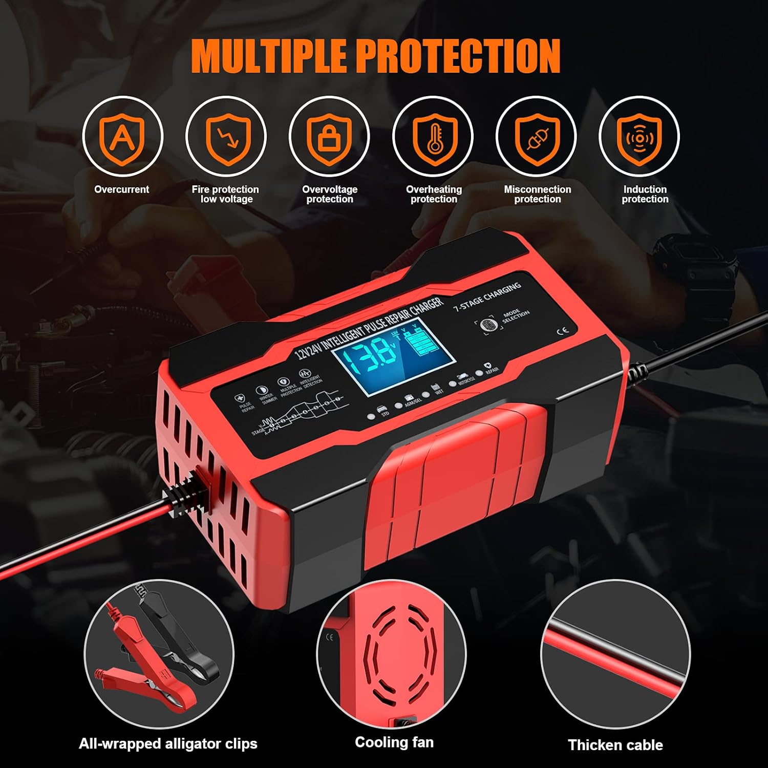 YONHAN Battery Charger 10-Amp 12V and 24V Fully-Automatic Smart Car Battery Charger, Battery Maintainer Trickle Charger, and Battery Desulfator with Temperature Compensation YONHAN Battery Charger 10-Amp 12V and 24V Fully-Automatic Smart Car Battery Charger, Battery Maintainer Trickle Charger, and Battery Desulfator with Temperature Compensation