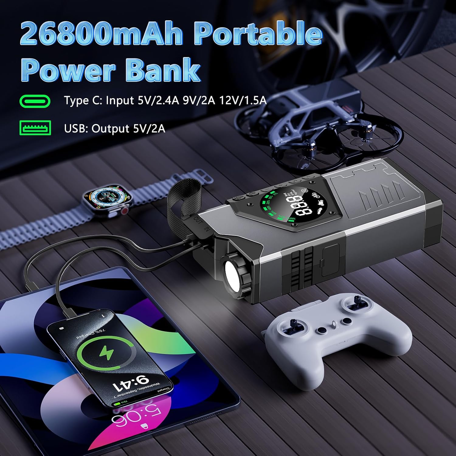 Zcyge 3000A Jump Starter Portable, Car Jump Starter with Air Compressor, 26800mAh Jump Starter Box for Car, Battery Booster Jump Start Power Bank Jumper Starter