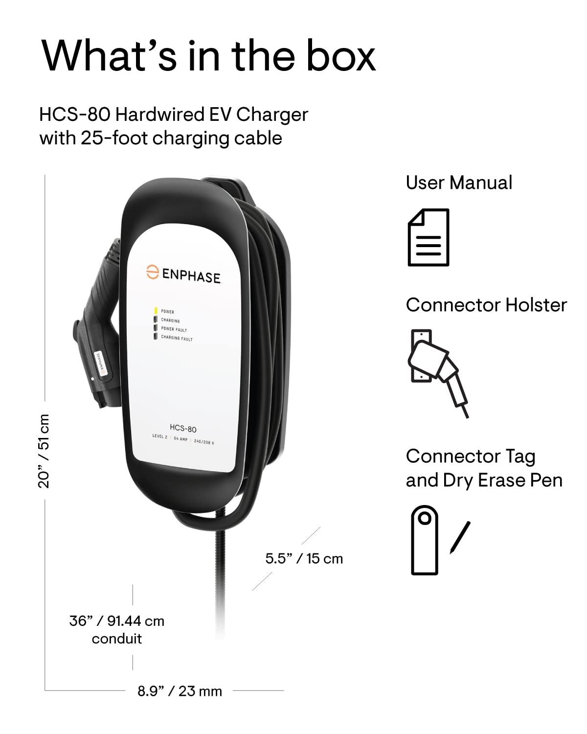 64 Amp EV Charger, Enphase HCS-80, Hardwired, 240V, 15.4kW Power, Safety Certified, 5-Year Warranty, 25 ft Cable, J1772 Ruggedized Connector, Formerly ClipperCreek
