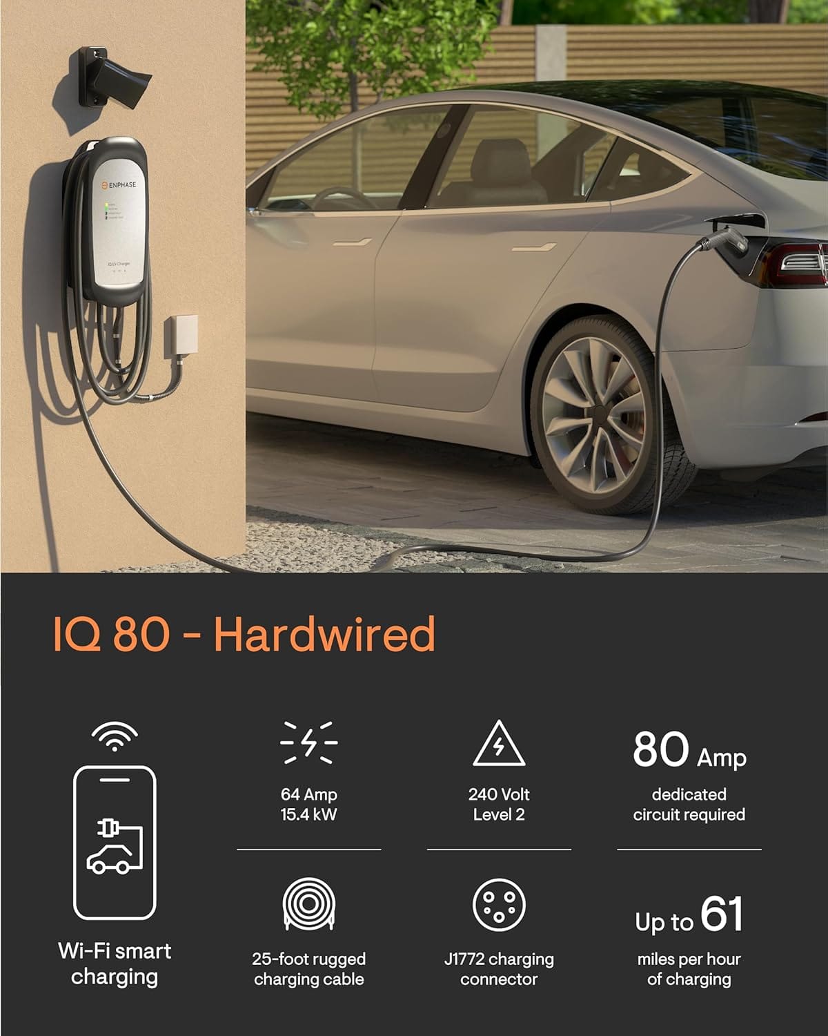 64 Amp Smart EV Charger - Enphase IQ 80, Hardwired, 15.4kW Power, 240V, Wi-Fi Connected, Safety Certified, 25ft Cable  Ruggedized J1772 Connector
