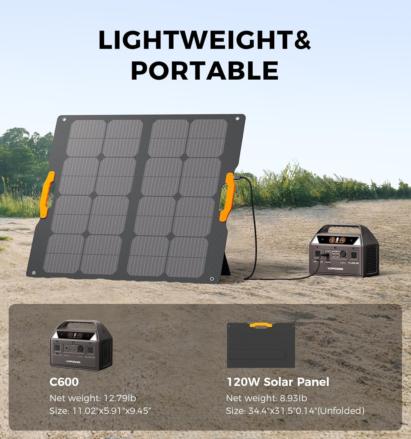C600 Solar Generator with 2x120W Solar Panel, 595Wh LiFePO4 Battery 600W(Surge 1200W) Pure Sine Wave AC + Max 240W Solar Input, Portable Power Station for Home Backup/Outdoor/RVs/Emergency