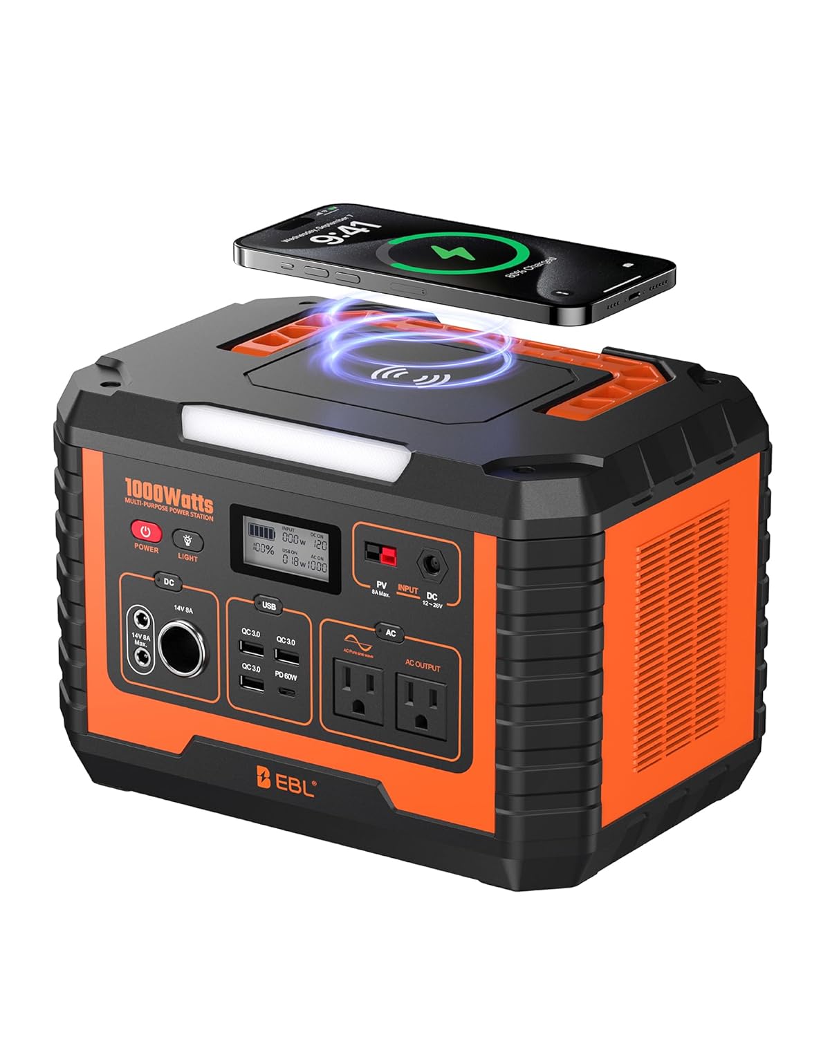 EBL Portable Power Station 1000W, 999Wh Solar Generator 2000W Peak, AC/Wireless Charging/60W USB-C Output, Lithium Battery for Emergency, Home Backup, Camping, RV, Off-Grid Living