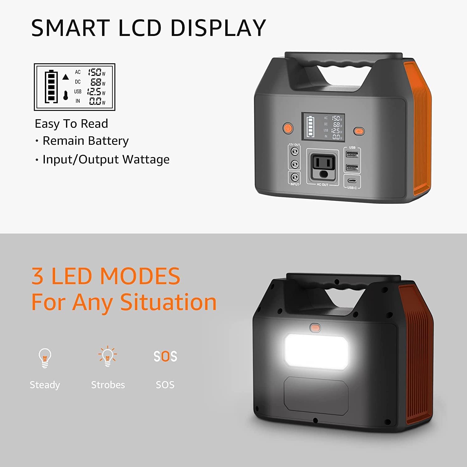 EnginStar 155Wh Power Bank 150Wh Portable Power Station 110v Battery Pack 6 Outputs w/AC Outlet LED Light for Outdoor Camping Road Trip Emergency