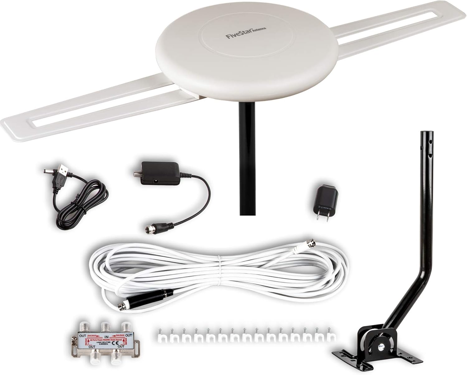 Five Star HDTV Antenna - 360° Omnidirectional Amplified Outdoor TV Antenna up to 150 Miles Indoor/Outdoor,RV,Attic 4K 1080P UHF VHF Supports 4TVs Installation Kit  Mounting Pole