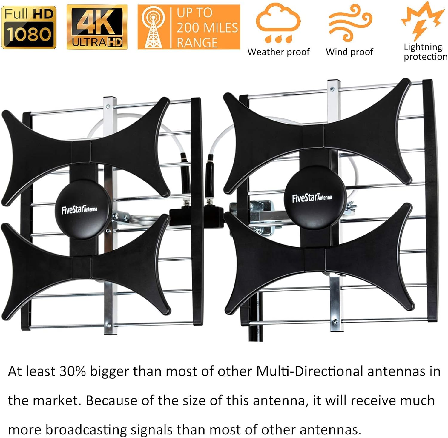 Five Star Multi-Directional 4V HDTV Amplified Antenna - up to 200 Mile Range, UHF/VHF, Indoor, Attic, Outdoor, 4K Ready 1080P FM w/ 40ft RG6 coaxial Cable, Mounting Pole