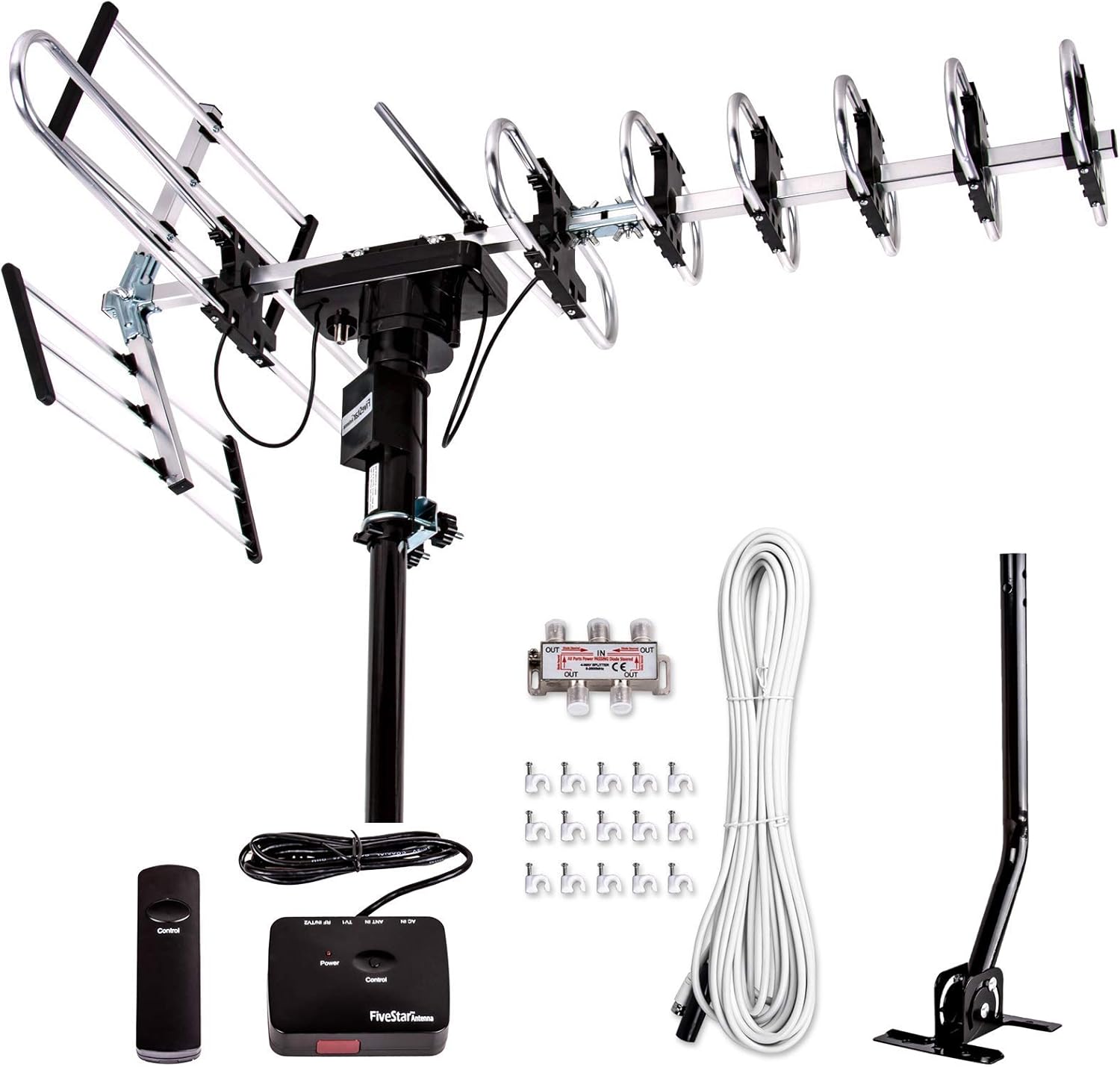 Five Star Outdoor Digital Amplified HDTV Antenna - up to 200 Mile Long Range,Directional 360 Degree Rotation,HD 4K 1080P FM, Supports 5 TVs Plus Installation Kit and Mounting Pole