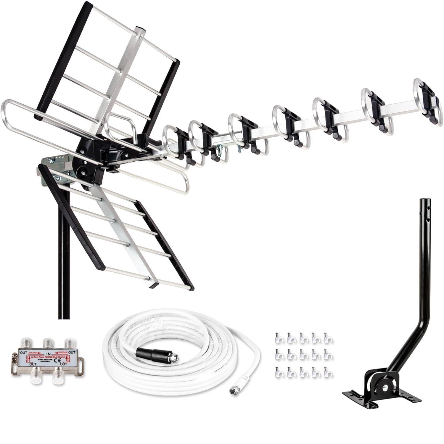 Five Star Outdoor HDTV Antenna up to 200 Mile Long Range, Attic or Roof Mount TV Antenna, Long Range Digital OTA Antenna for 4K 1080P VHF UHF Supports 4 TVs Installation Kit  J Mount