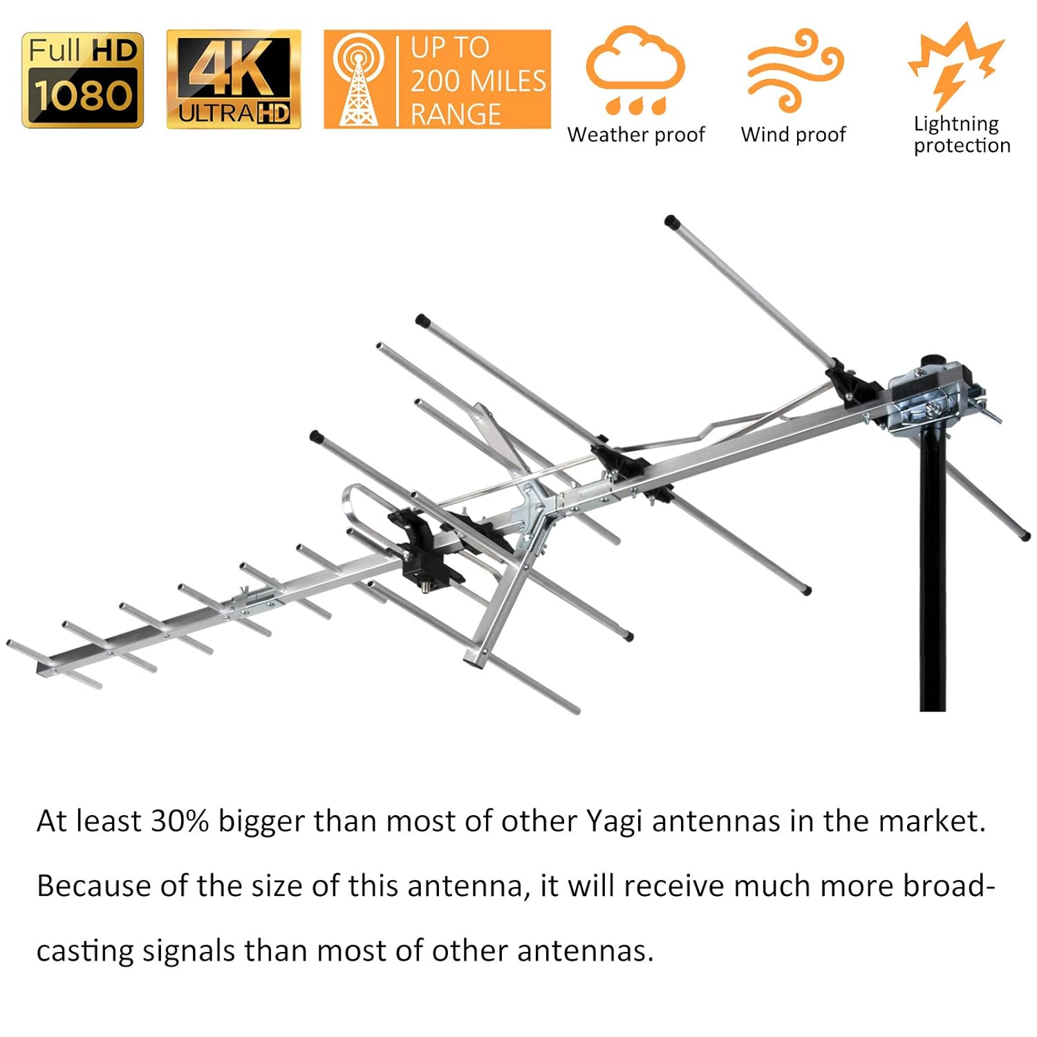 Five Star Yagi Satellite HD TV Antenna up to 200 Mile Long Range, Attic or Roof Mount Digital OTA TV Antenna for 4K Supports 4 TVs Installation Kit  Mounting Pole, Radio/FM Antenna
