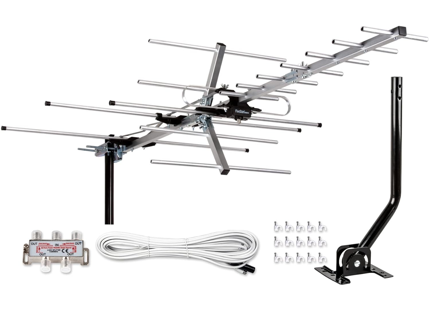 Five Star Yagi Satellite HD TV Antenna up to 200 Mile Long Range, Attic or Roof Mount Digital OTA TV Antenna for 4K Supports 4 TVs Installation Kit  Mounting Pole, Radio/FM Antenna