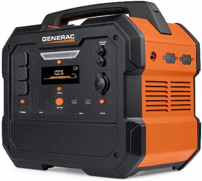 Generac 1086Wh Portable Power Station with Lithium-Ion Battery - Clean, Emission-Free Power - Wirless Charging Pad and Compact Design - Camping, RV, Indoor/Outdoor Use - Orange/Black