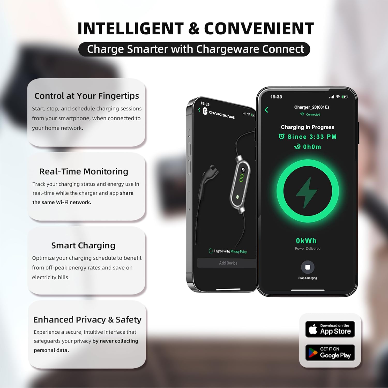 Level 2 Smart EV Charger with App Control, Up to 9.6kW, ETL/FCC/Energy Star Certified, 24ft Cable, Wall Mount and Portable Options, 14-50R to 5-15P Adapter, LCD Display, Dark Gray