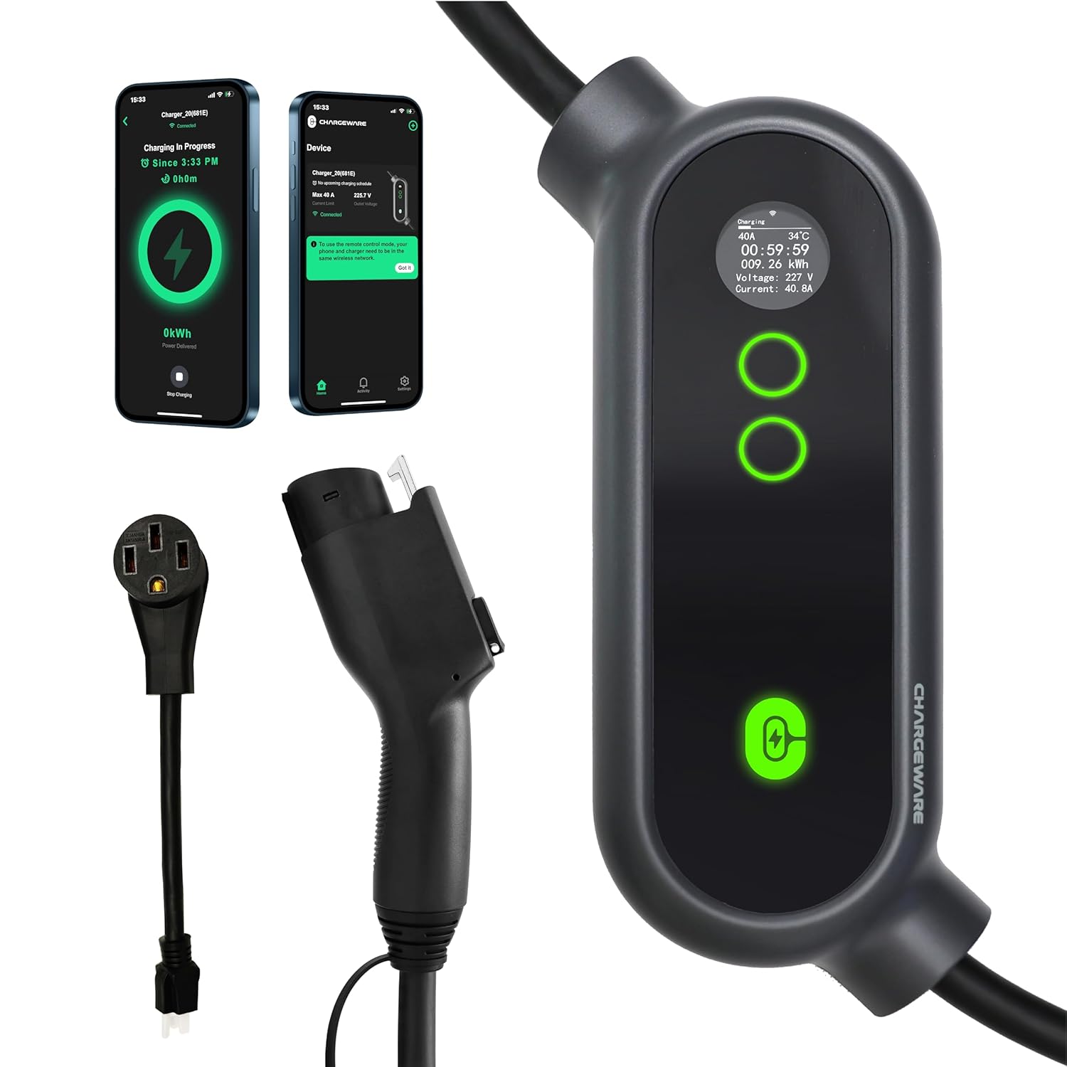 Level 2 Smart EV Charger with App Control, Up to 9.6kW, ETL/FCC/Energy Star Certified, 24ft Cable, Wall Mount and Portable Options, 14-50R to 5-15P Adapter, LCD Display, Dark Gray