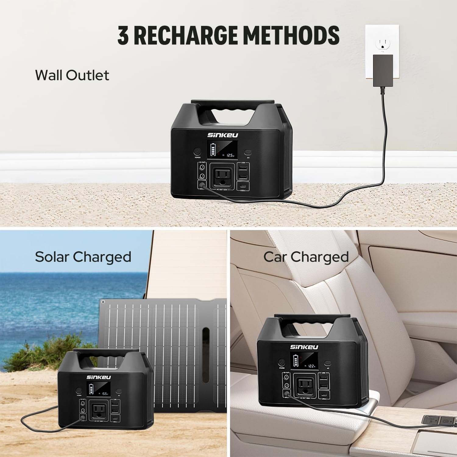 SinKeu Power Bank Station (38,400mAh), 128Wh Portable Power Station, LiFePO4 Battery, 200W Peak Solar Generator for Outdoor Camping, RV Traveling and Hurricane Emergency- Black