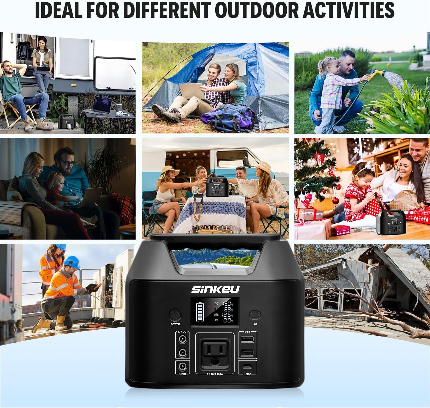 SinKeu Power Bank Station (38,400mAh), 128Wh Portable Power Station, LiFePO4 Battery, 200W Peak Solar Generator for Outdoor Camping, RV Traveling and Hurricane Emergency- Black