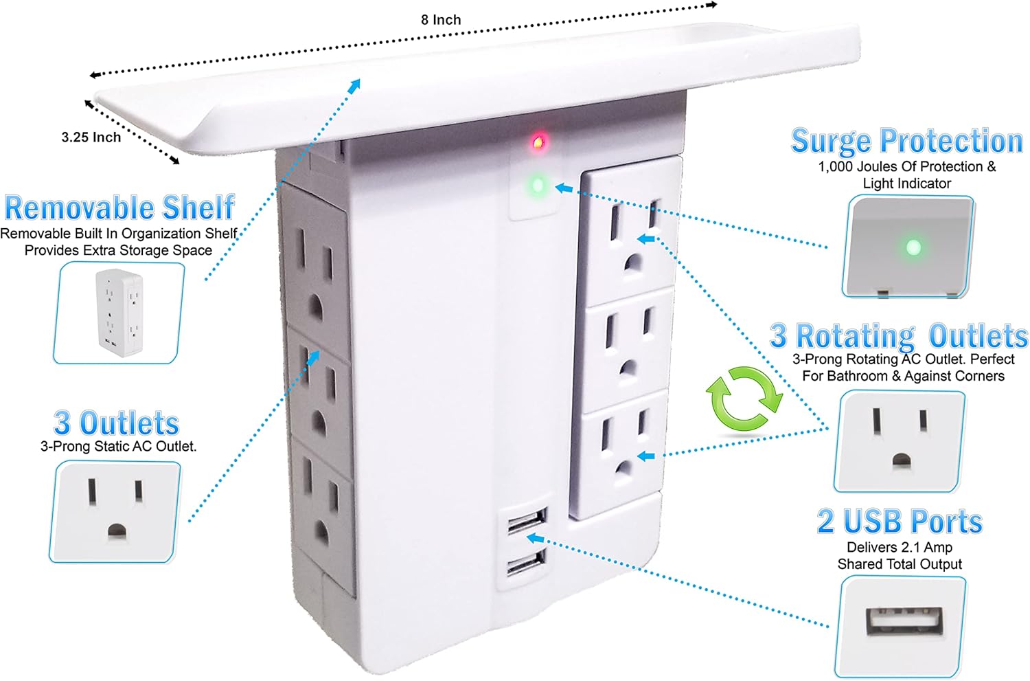 Wall Outlet Shelf Deluxe - Rotating Electrical Socket Power Stand Holder - Space Saving, 6 Outlets  2 USB Fast Charging Ports + Surge Protector