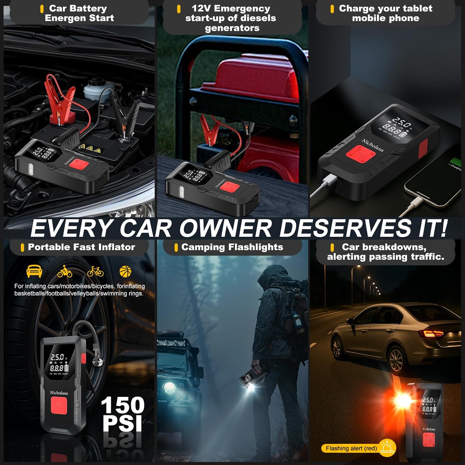12 V Car 8000 mAh Battery Jump Starter 2800A with 150psI Air Compressor, Safe Smart Light and Practical Edition QB08L, Portable Jump Box and Charger for 6.0L Gas and 3.0L Diesel Engines.