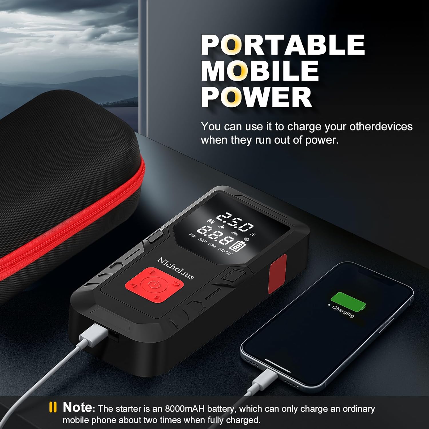 12 V Car 8000 mAh Battery Jump Starter 2800A with 150psI Air Compressor, Safe Smart Light and Practical Edition QB08L, Portable Jump Box and Charger for 6.0L Gas and 3.0L Diesel Engines.