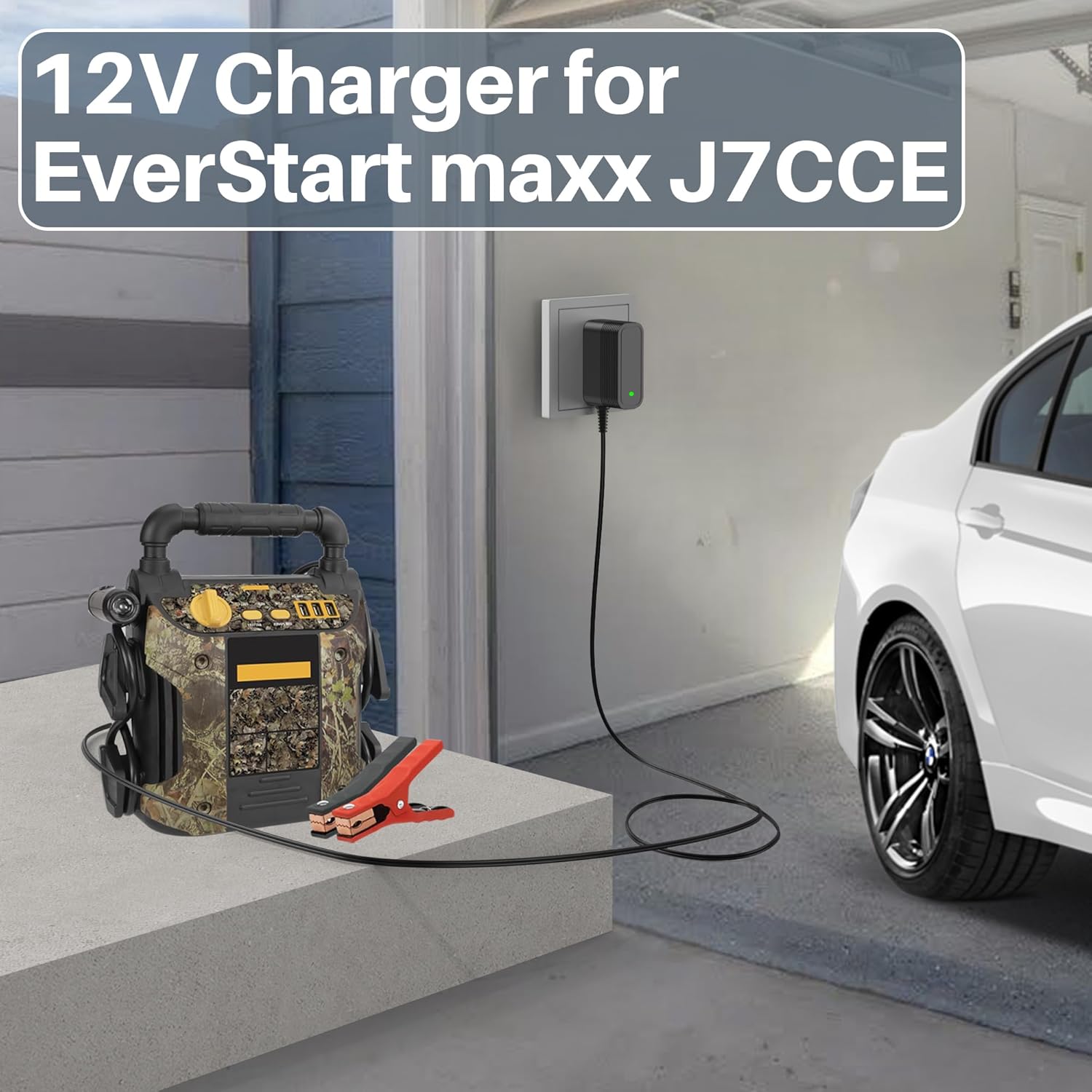 12V DC Power Cord for EverStart Maxx Jump Starter Battery Charger Compatible with Ever Start Max J7CCE J7CE 800A 800 Peak Amps Battery Car Jump Starter 120 PSI Air Compressor 3.1A USB Power LED Camo