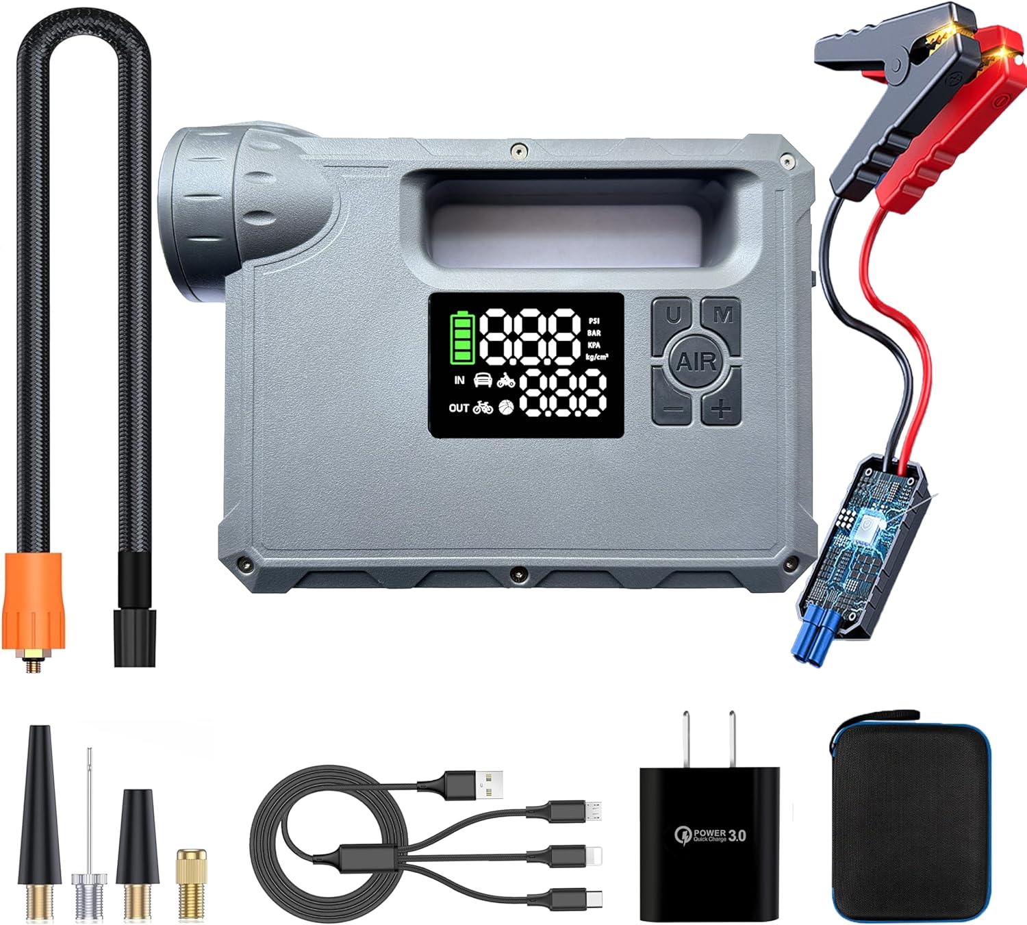 16000mAh  2000A Jump Starter with Air Compressor, 2000 Lumen Camping Light  Flashlight, 150PSI  2X Rapid Inflation Tire Inflator Portable Air Compressor Suitable for Car, Motorcycle, Bicycle, Ball