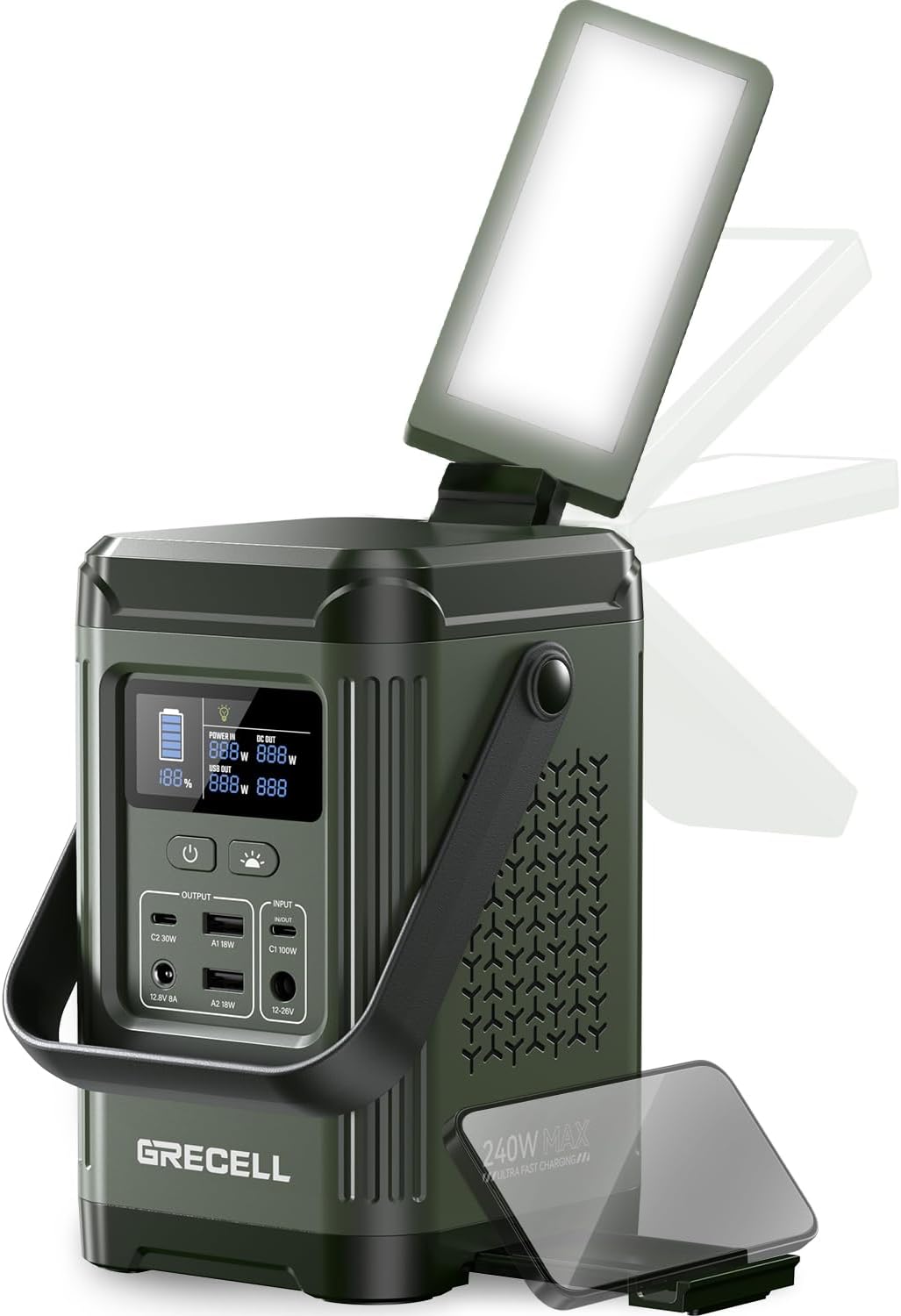 240W Portable Power Station 153.6WH Solar Generator, GRECELL LiFePO4 Battery Dual Way 100W PD, Portable Power Bank with Integrated Stand for Outdoors, Camping, Travel (No Wall Charger Included)