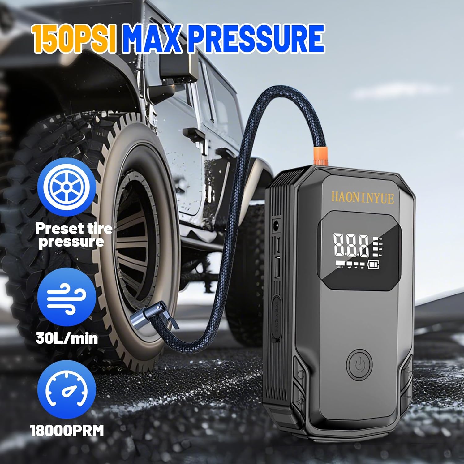 3000A 150PSI Jump Starter with Air Compressor, 12V Portable Jump Box (8.5L Gas/6.5L Diesel), Jump Pack with LED Light, Power bank, Car Jumper with Jumper Starter, Storage Case Included