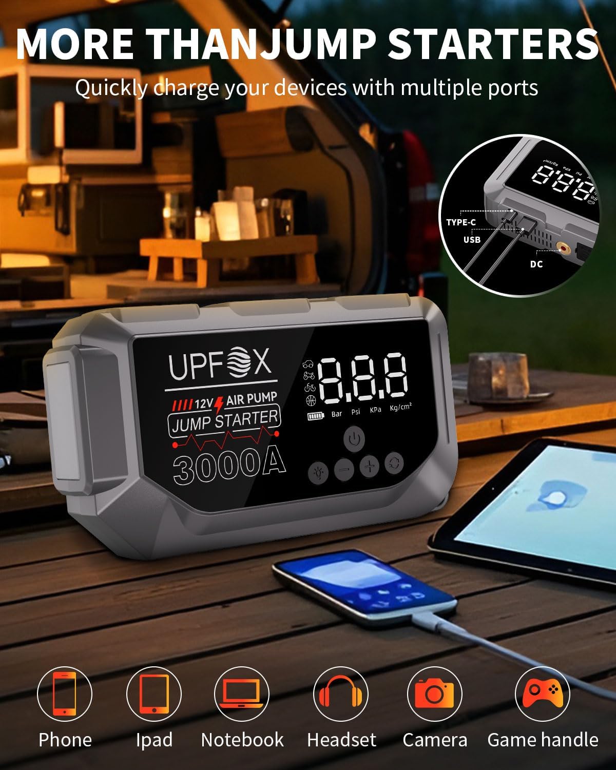 3000A Jump Starter with Air Compressor 12V150PSI Car Battery Jump Starter Portable Car Jump Starter Jump Box (8.0 Gas/6.0L Diesel) Tire Inflator with LED Display 3 Light and Jumper Cables