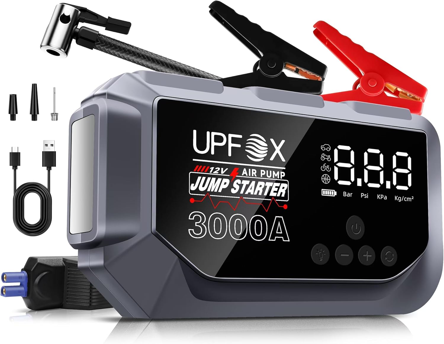 3000A Jump Starter with Air Compressor 12V150PSI Car Battery Jump Starter Portable Car Jump Starter Jump Box (8.0 Gas/6.0L Diesel) Tire Inflator with LED Display 3 Light and Jumper Cables