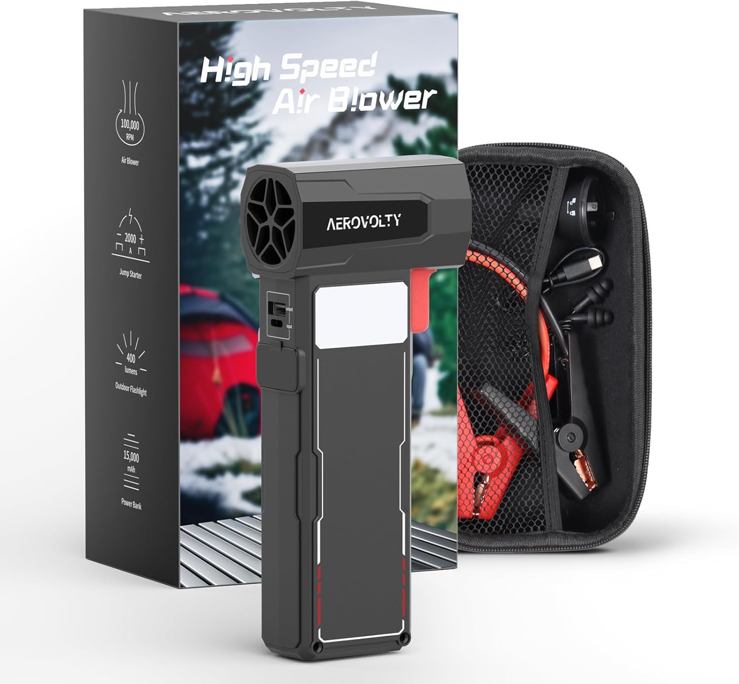 4-In-1 Car Dryer Air Blower - 3LB Thrust, Leaf Blowing Turbo Fan for Patio, Cordless Turbo Jet Blower with 2000A Jump Starter, 15,000mAh Power Bank, LED Flashlight, Gift