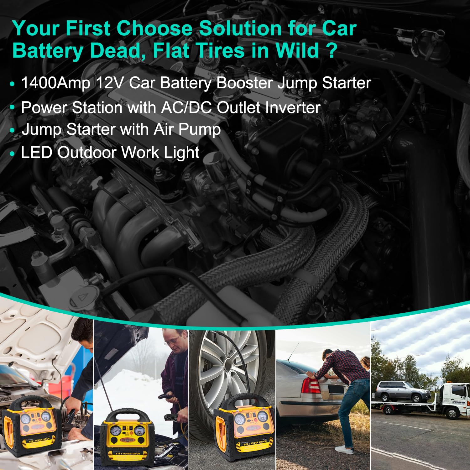6 in 1 Jump Starter with Air Compressor 260 PSI Tire Inflator,Upgraded 1800A Peak 12V Portable Car Battery Jump Starter,400 Watt Inverter Power Station with AC/DC/USB Outlets (8.5L Gas/6L Diesel)
