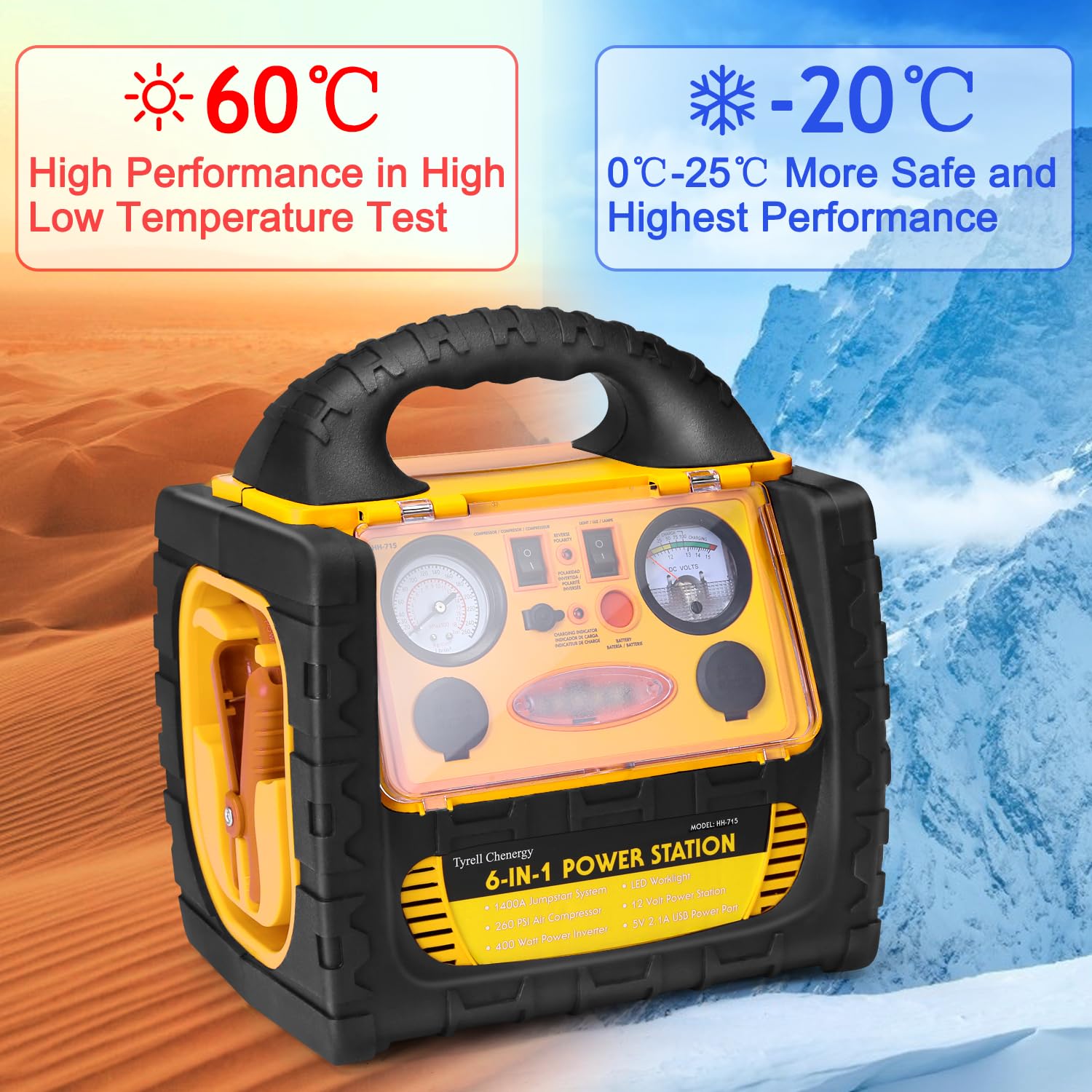 6 in 1 Jump Starter with Air Compressor 260 PSI Tire Inflator,Upgraded 1800A Peak 12V Portable Car Battery Jump Starter,400 Watt Inverter Power Station with AC/DC/USB Outlets (8.5L Gas/6L Diesel)