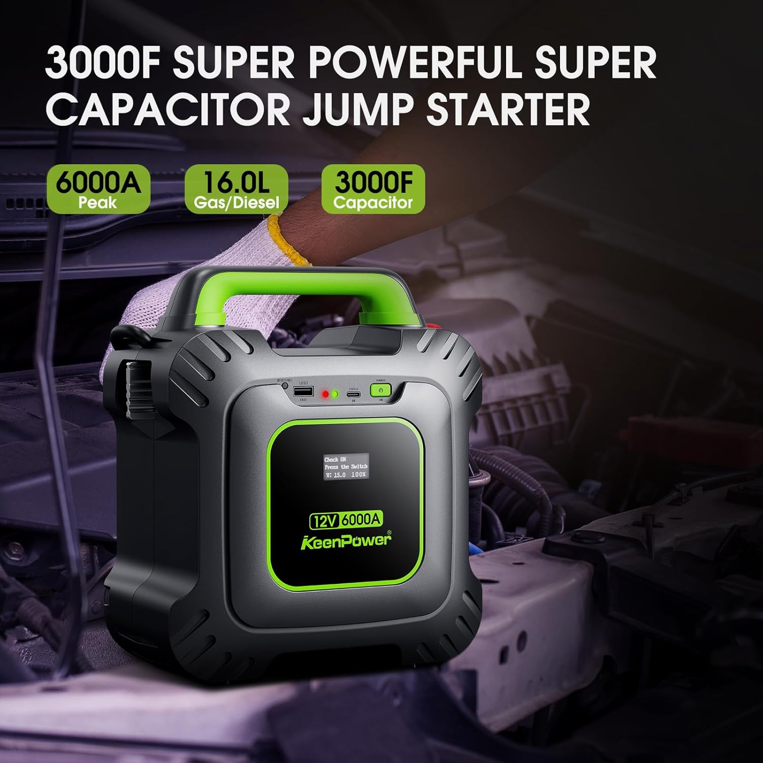 6000A Super Capacitor Jump Starter [Upgraded Clamps  Screen Version] – No Traditional Battery, Powered by 6X 3000F Supercapacitors, Works in -45°F Env, 3-Mins Fast Charging for Instant Use