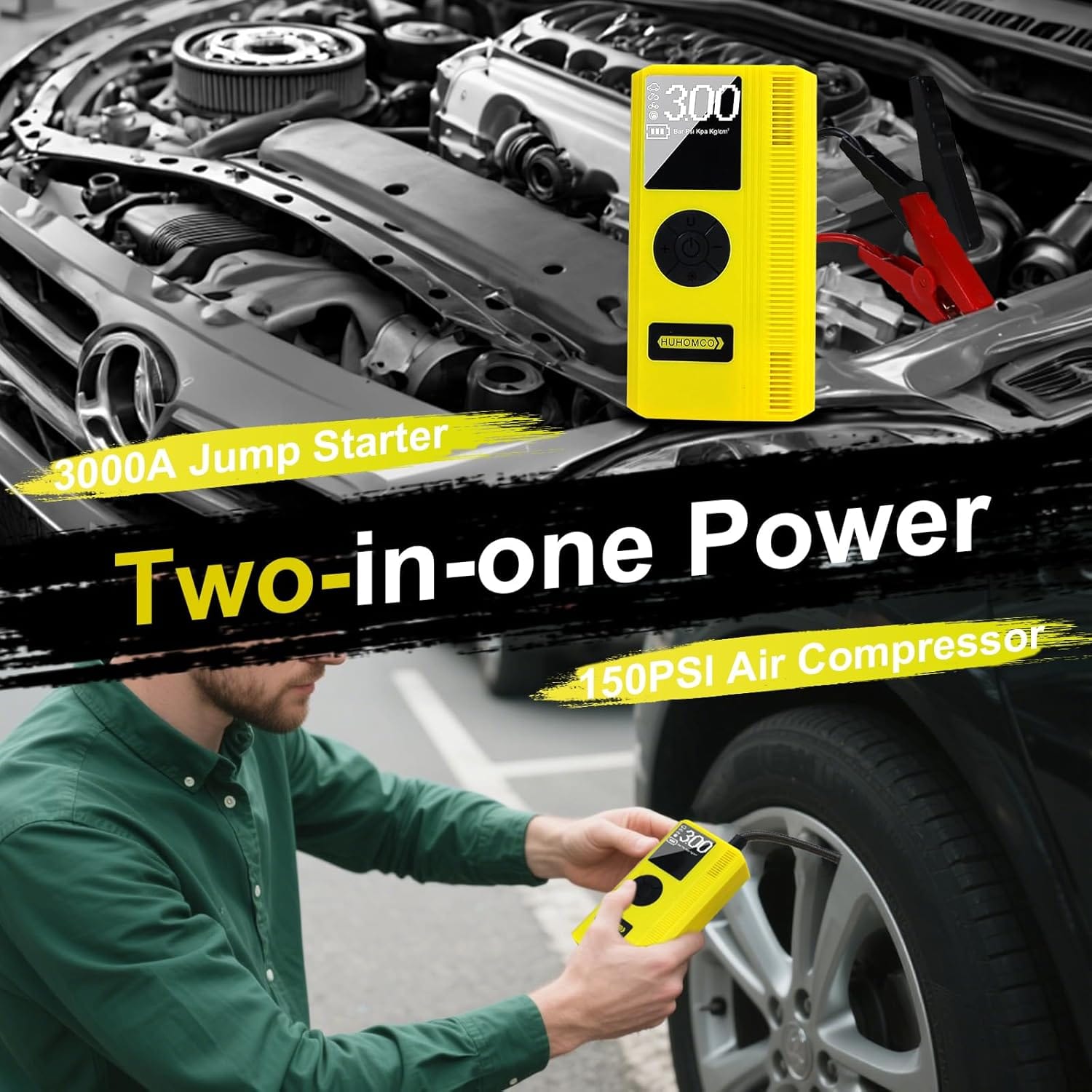 7-in-1 Car Jump Starter with Air Compressor, 3000A Portable 12V Power Pack, 150PSI Digital Tire Inflator for 9L Gas/7L Diesel, Multifunctional Jump Box with LED Light and Jumper Cables