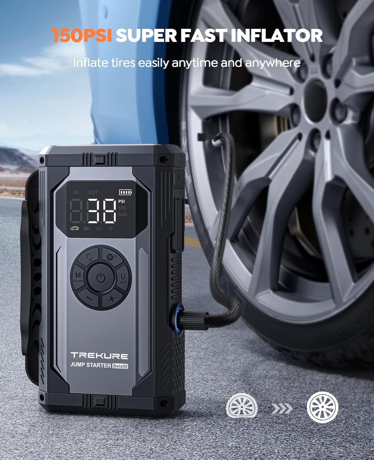 8-in-1 Jump Starter with Air Compressor 7000A 150PSI Portable Car Battery Jump Starter (All Gas/10L Diesel), 12V Jump Box Car Battery Jumper Starter Portable with Jumper Cables, Lights