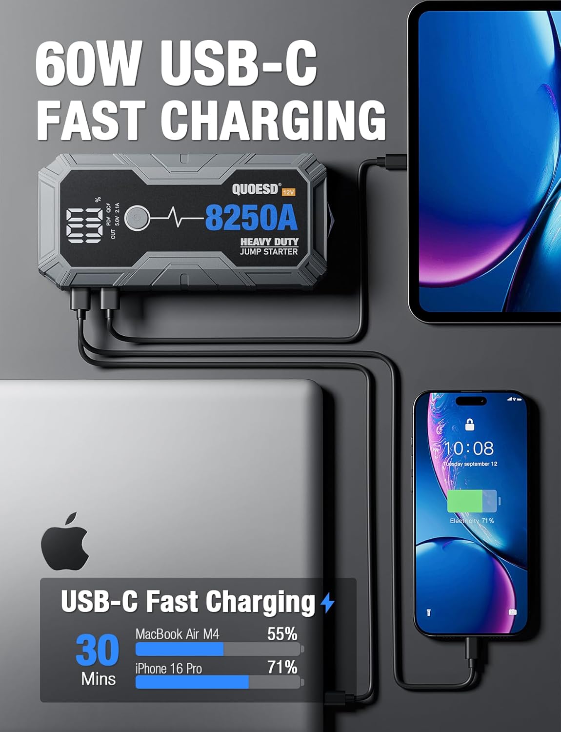 8250A Jump Starter Battery Jump Starter Battery Pack (for All Gas or 10.0+L Diesel), 12V Potable Heavy Duty Car Jump Start with 60W Power Bank 48-Months Stand-by Time 8250A Jump Starter Battery Jump Starter Battery Pack (for All Gas or 10.0+L Diesel), 12V Potable Heavy Duty Car Jump Start with 60W Power Bank 48-Months Stand-by Time