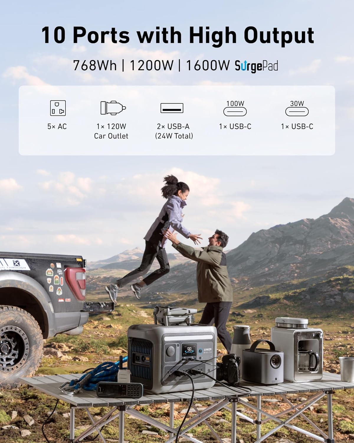 Anker SOLIX C800 Portable Power Station, 1200W (Peak 1600W) Solar Generator, Full Charge in 58 Min, 768Wh LiFePO4 Battery for Outdoor Camping, RVs, Road Trip, and Power Outages (Optional Solar Panel)
