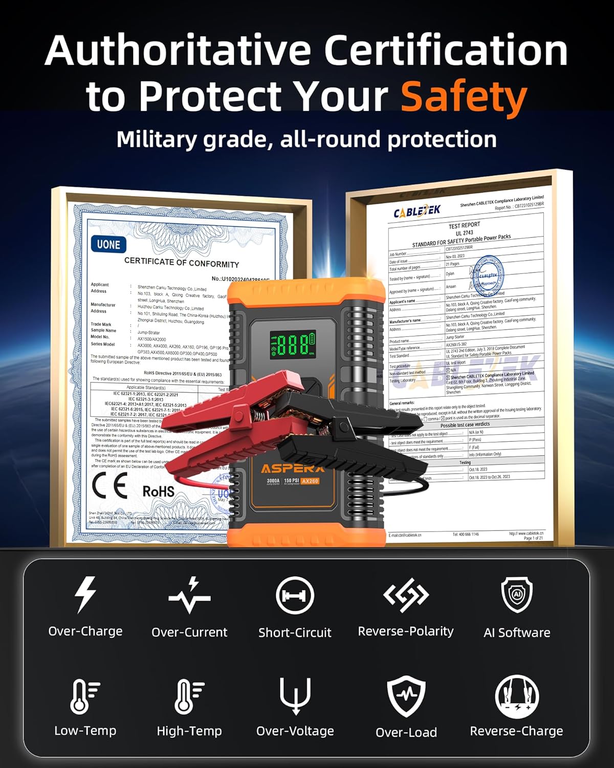 ASPERX Jump Starter with Air Compressor,【Upgrade  Safety Certs】10L Gas/8L Diesel(Almost All Cars) 12V Jumper Box Car Battery Jumper Starter Portable with Tire Inflator, Jumper Cables, Display  Light
