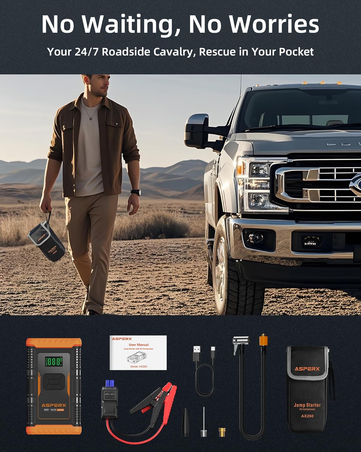 ASPERX Jump Starter with Air Compressor,【Upgrade  Safety Certs】10L Gas/8L Diesel(Almost All Cars) 12V Jumper Box Car Battery Jumper Starter Portable with Tire Inflator, Jumper Cables, Display  Light
