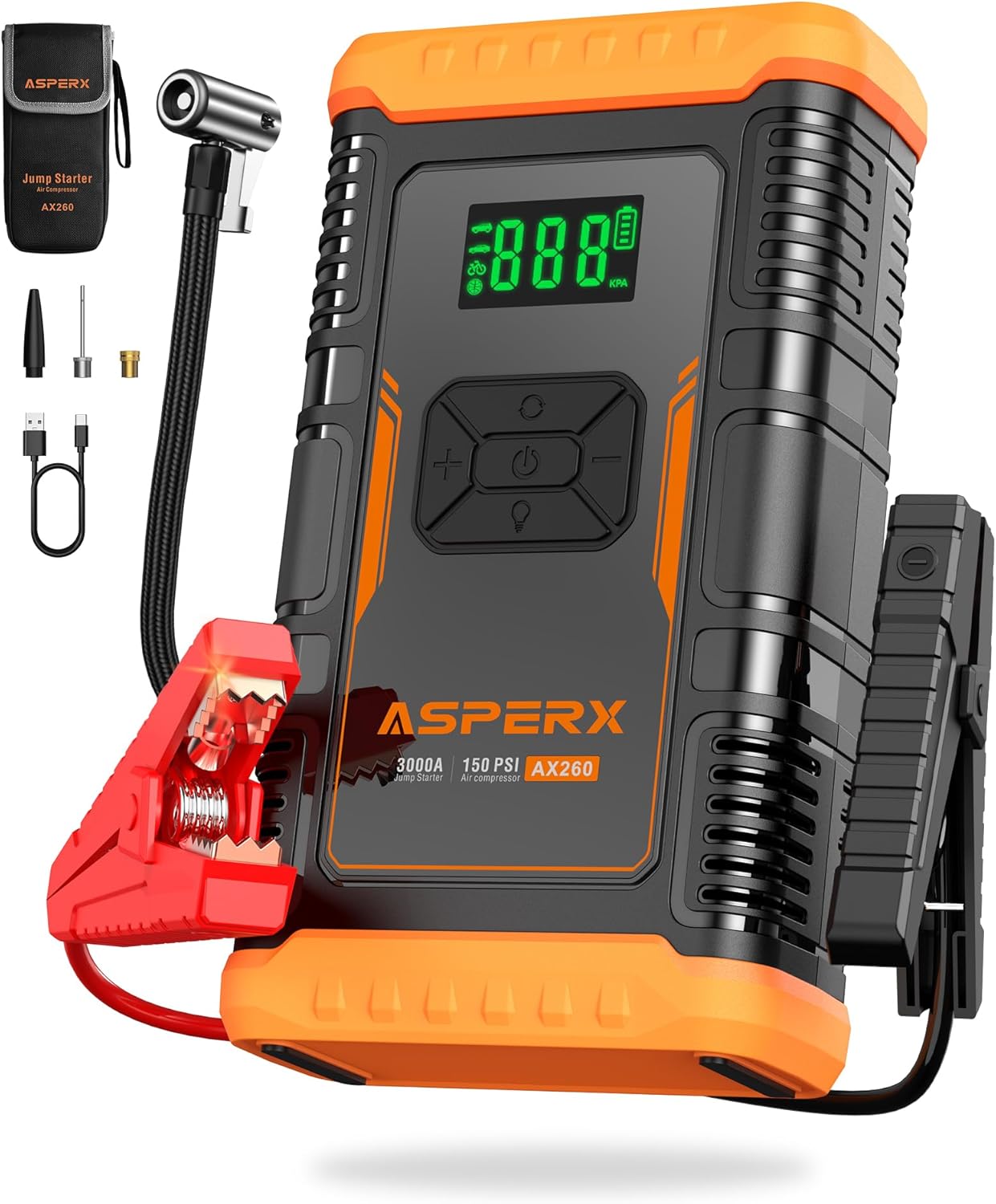 ASPERX Jump Starter with Air Compressor,【Upgrade  Safety Certs】10L Gas/8L Diesel(Almost All Cars) 12V Jumper Box Car Battery Jumper Starter Portable with Tire Inflator, Jumper Cables, Display  Light